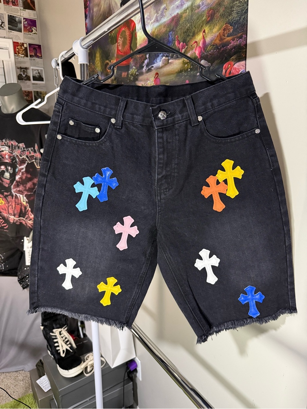 Black Embellished Cross Denim Shorts